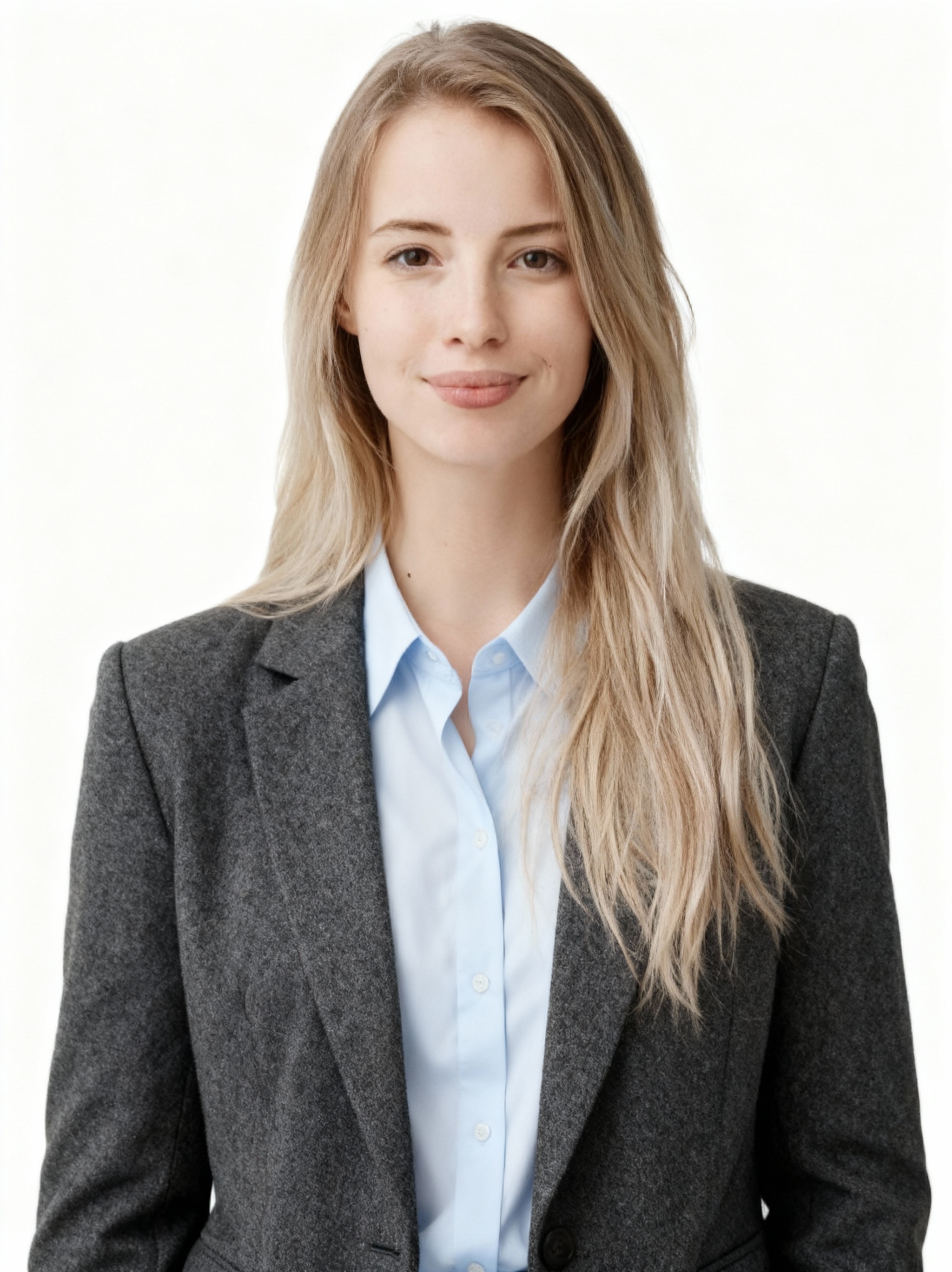 Instant headshot example wearing a charcoal blazer on white background