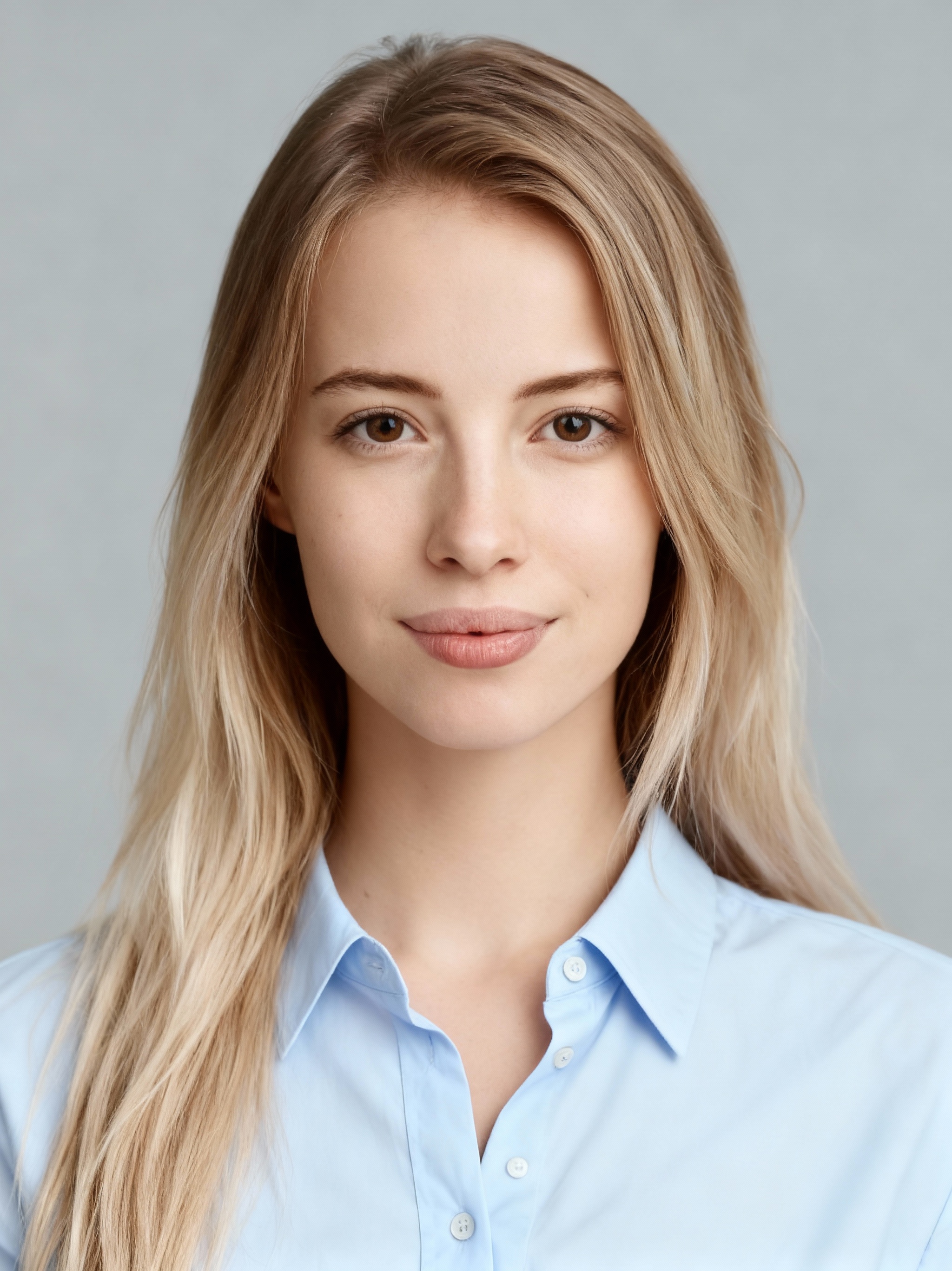 Instant headshot example wearing a light button-down shirt on grey background